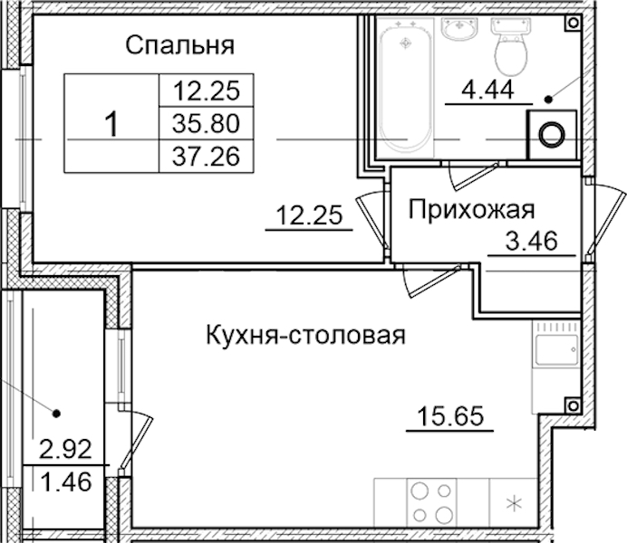 1-комнатная квартира 37.26 м², 2/9 эт., ЖК «Квартал Заречье»